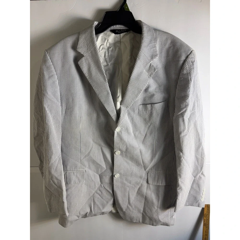 Jos. A. Bank Stays Cool Mens 44R Seersucker Blazer Blue White Striped Cotton 3-B